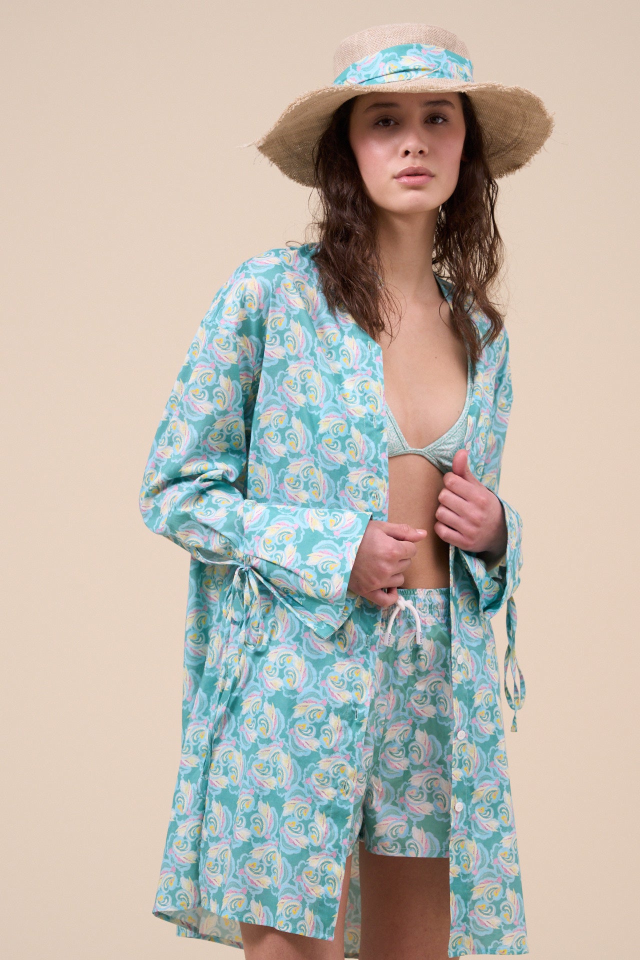 Ade Printed Cotton Voile Long Shirt - Floral Swirl Pattern