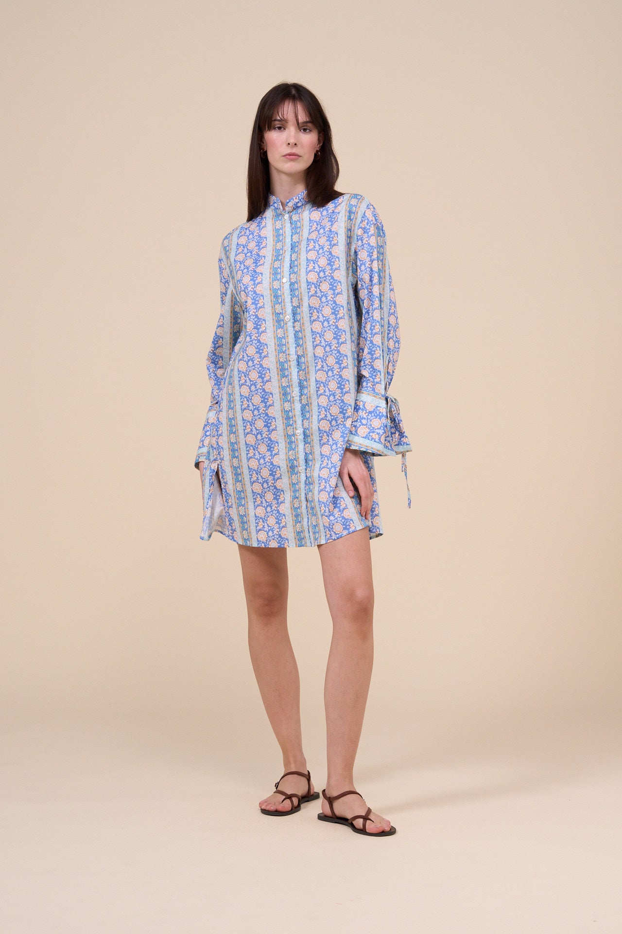 Ade Printed Cotton Voile Long Shirt - Flowers and Striped Pattern