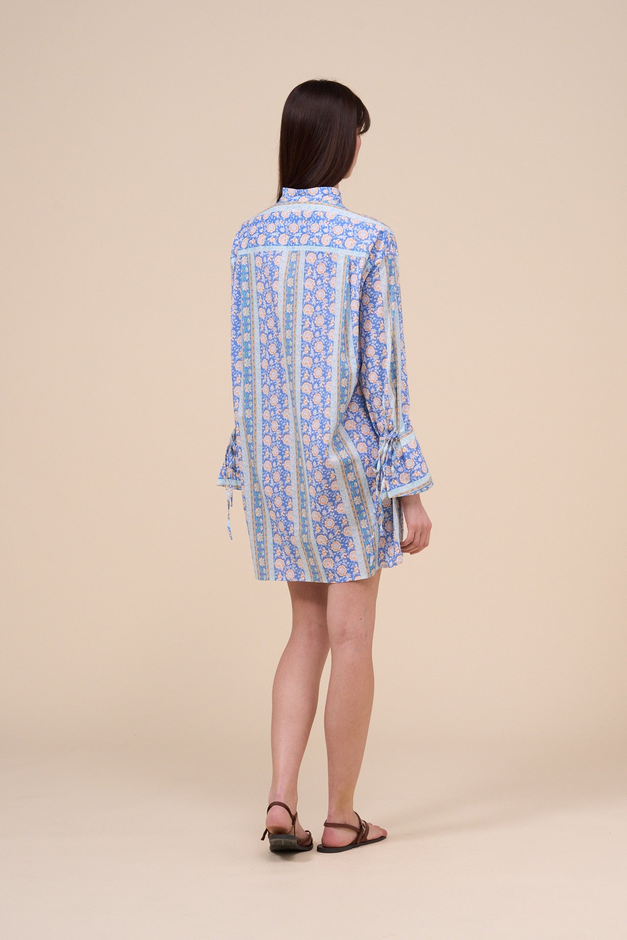 Ade Printed Cotton Voile Long Shirt - Flowers and Striped Pattern