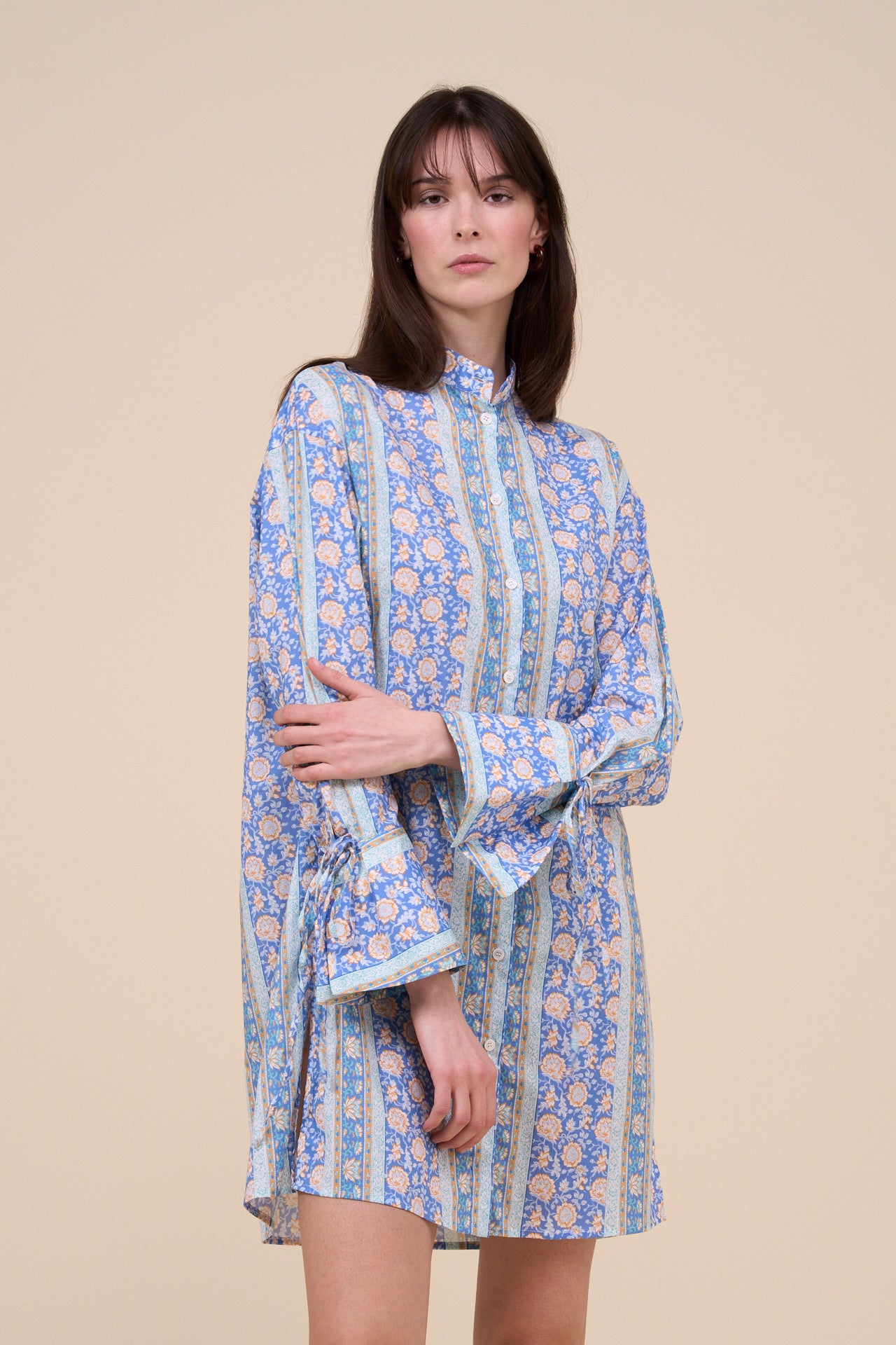 Ade Printed Cotton Voile Long Shirt - Flowers and Striped Pattern