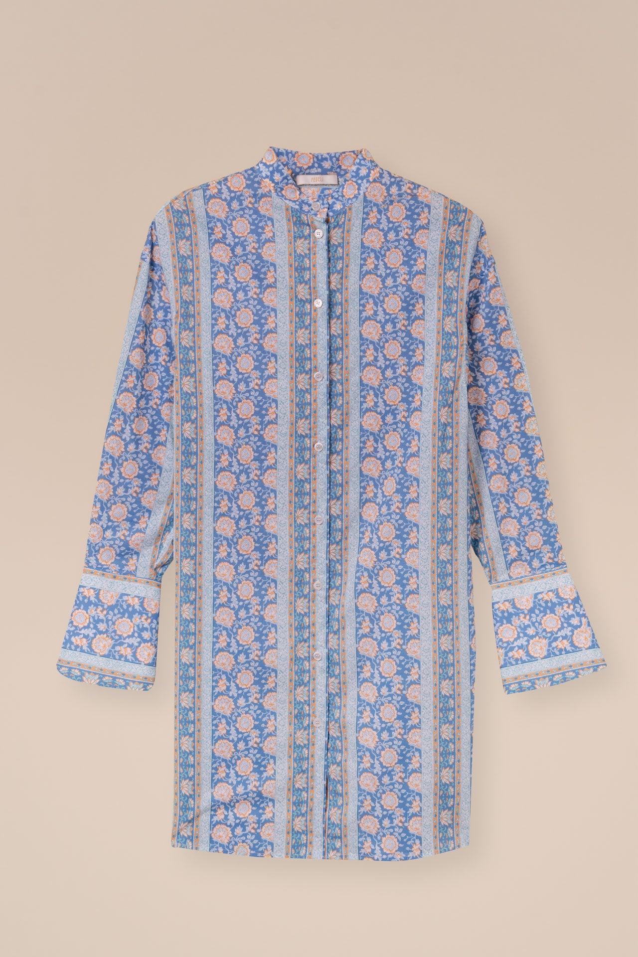 Ade Printed Cotton Voile Long Shirt - Flowers and Striped Pattern