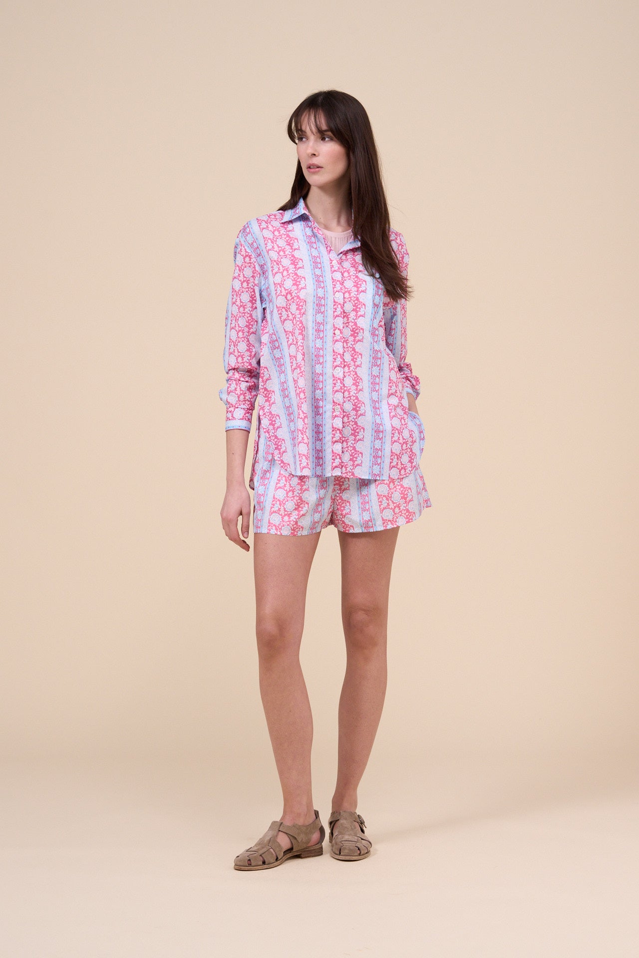 Palmaria Printed Cotton Voile Shirt - Flowers and Stripes Pattern