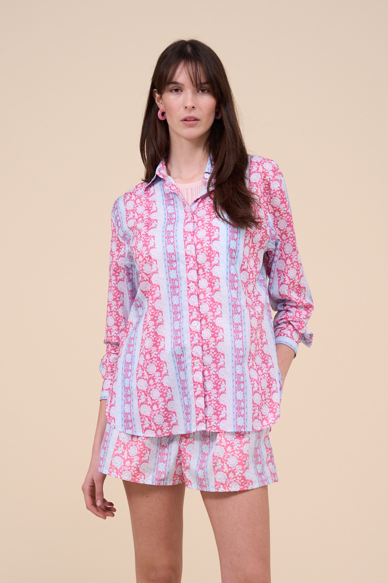 Palmaria Printed Cotton Voile Shirt - Flowers and Stripes Pattern