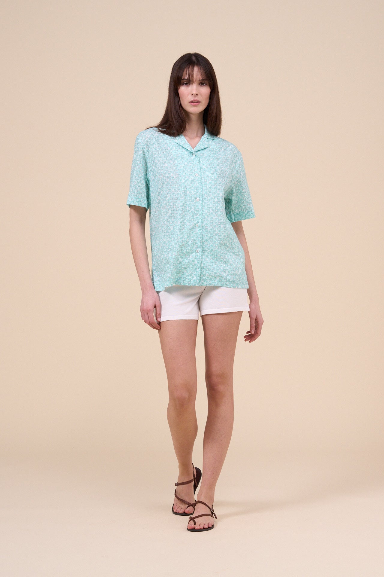 Bowling Printed Cotton Voile Short Sleeve Shirt - Majolica Pattern