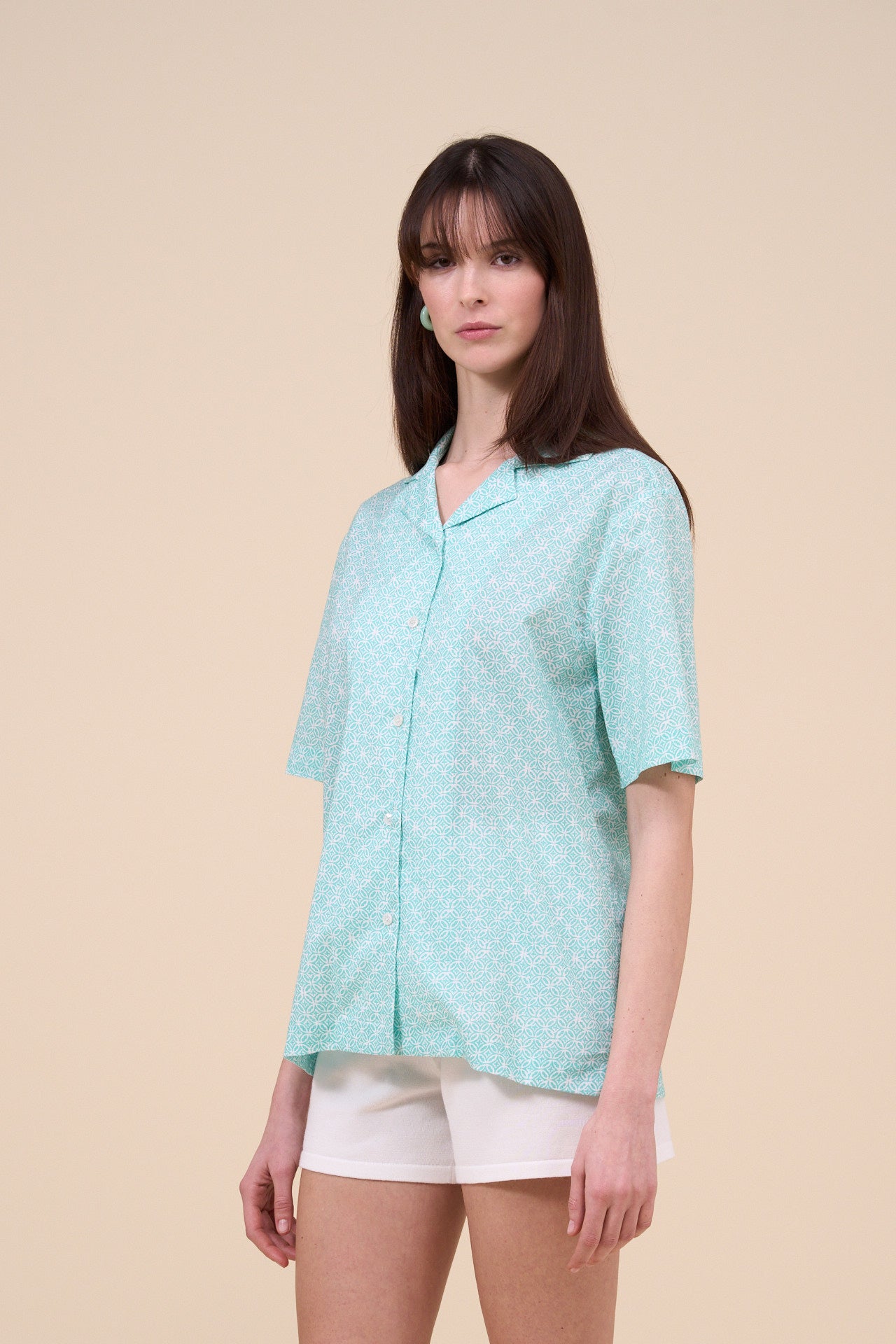 Bowling Printed Cotton Voile Short Sleeve Shirt - Majolica Pattern