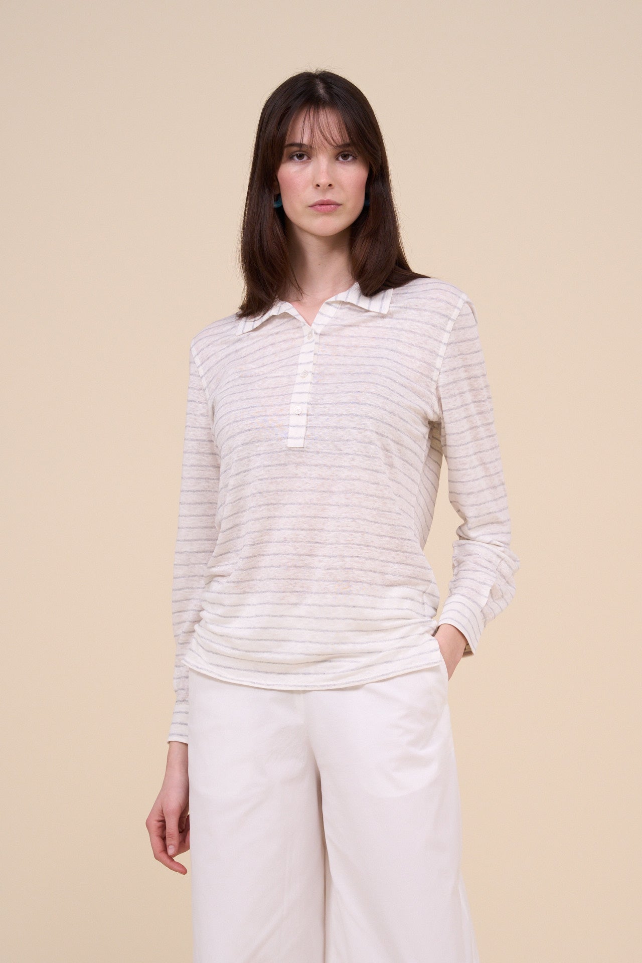 Salina Linen Cotton Long Sleeve Striped Polo Shirt