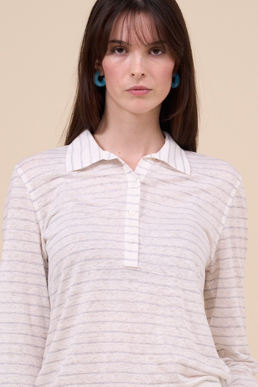 Salina Linen Cotton Long Sleeve Striped Polo Shirt