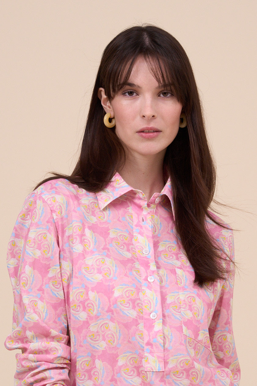 Marilù Printed Cotton Voile Half-buttoned Shirt - Floral Swirl Pattern