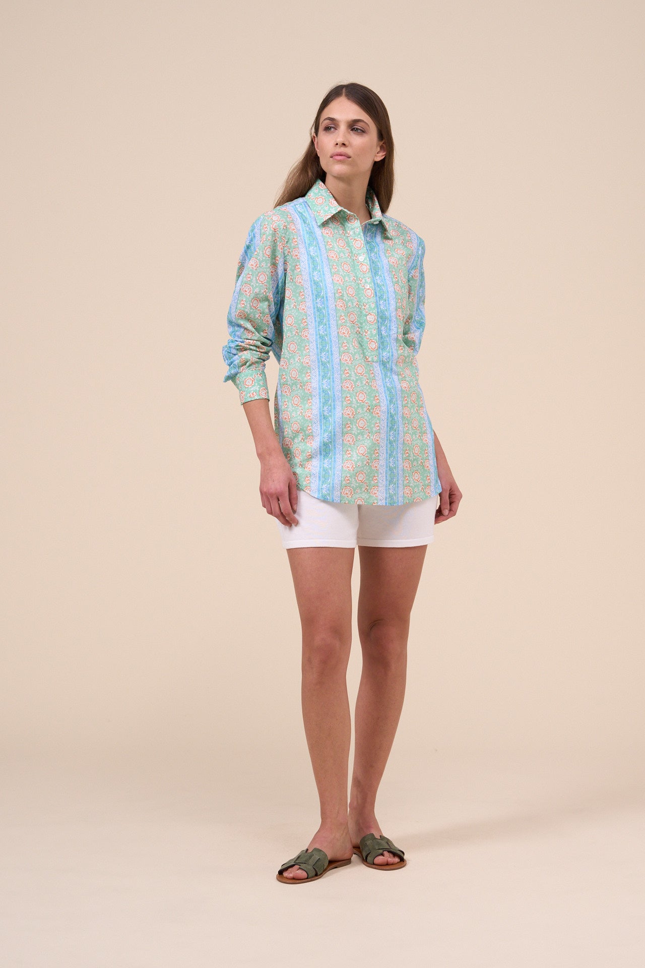 Marilù Printed Cotton Voile Half-buttoned Shirt - Flowers and Striped Pattern