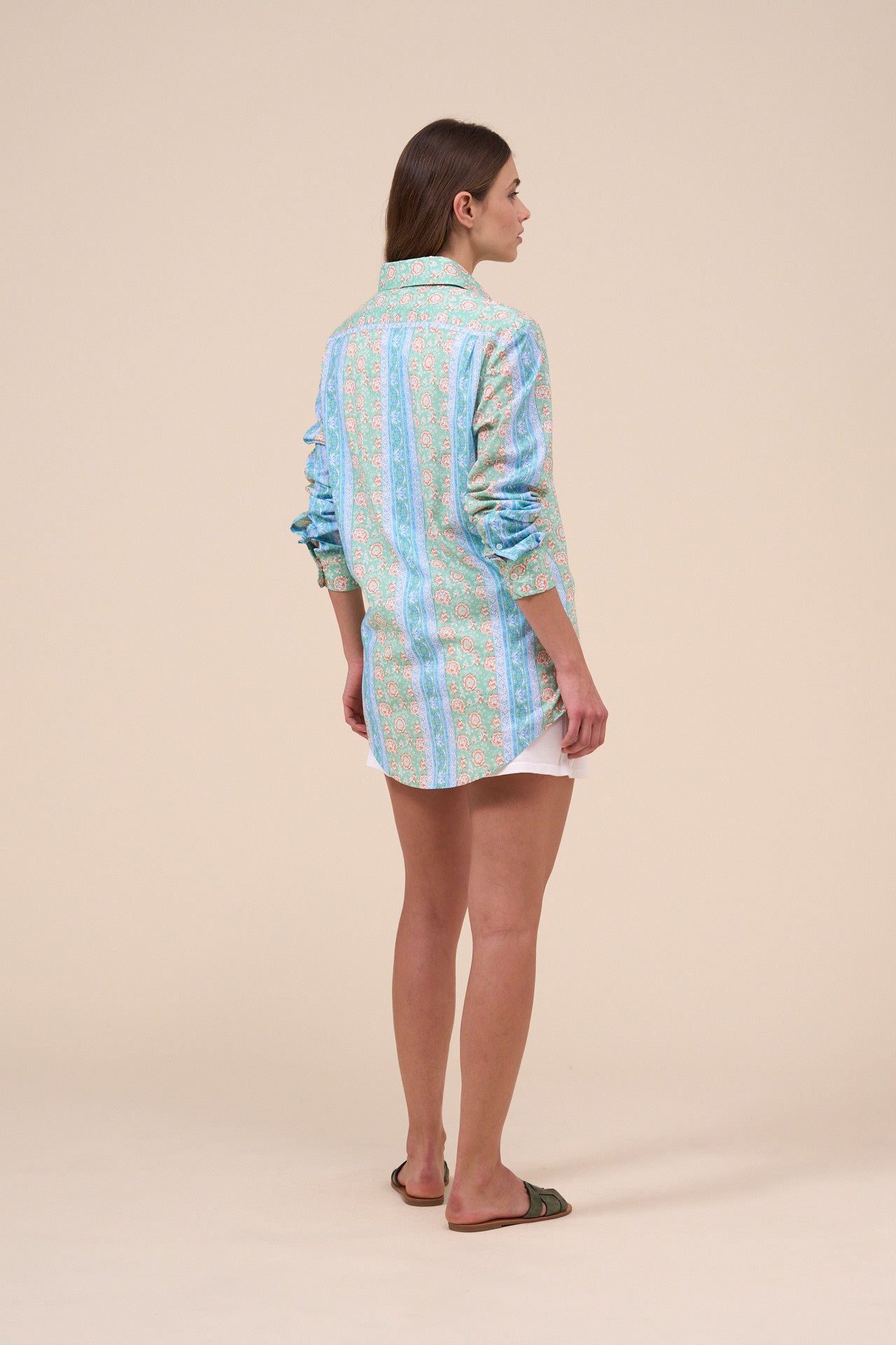 Marilù Printed Cotton Voile Half-buttoned Shirt - Flowers and Striped Pattern