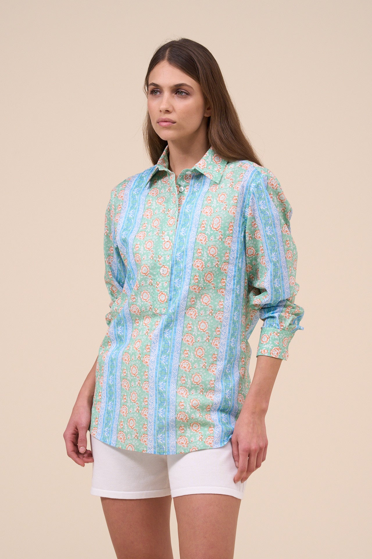 Marilù Printed Cotton Voile Half-buttoned Shirt - Flowers and Striped Pattern