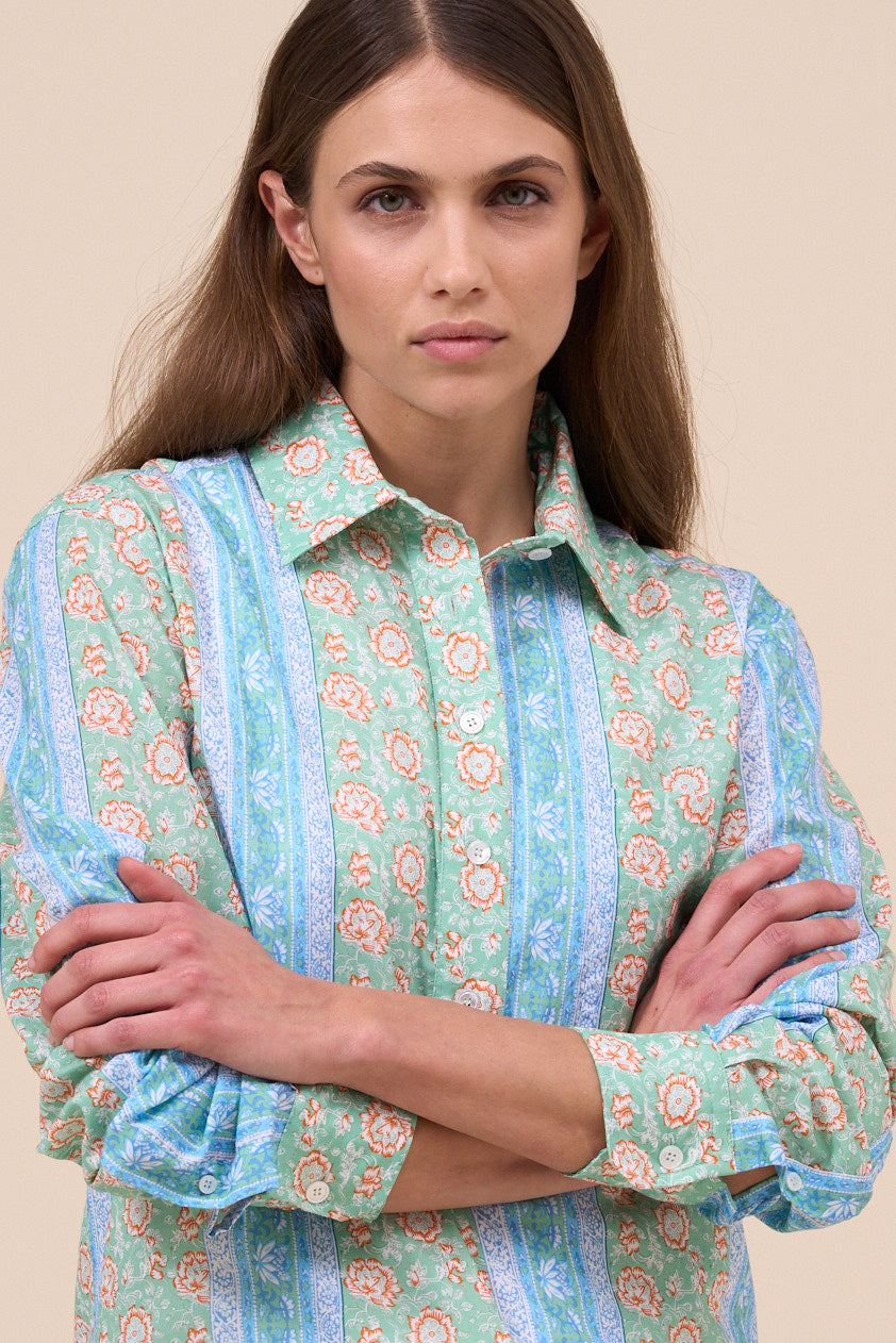 Marilù Printed Cotton Voile Half-buttoned Shirt - Flowers and Striped Pattern