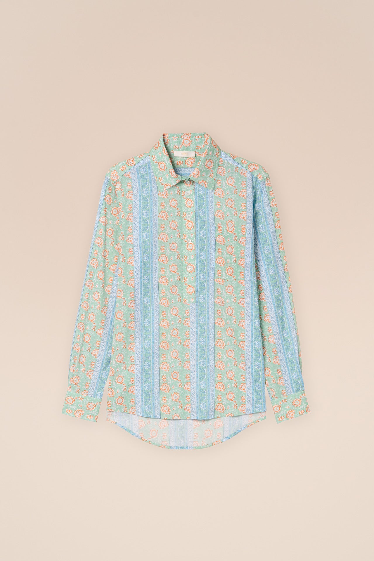 Marilù Printed Cotton Voile Half-buttoned Shirt - Flowers and Striped Pattern