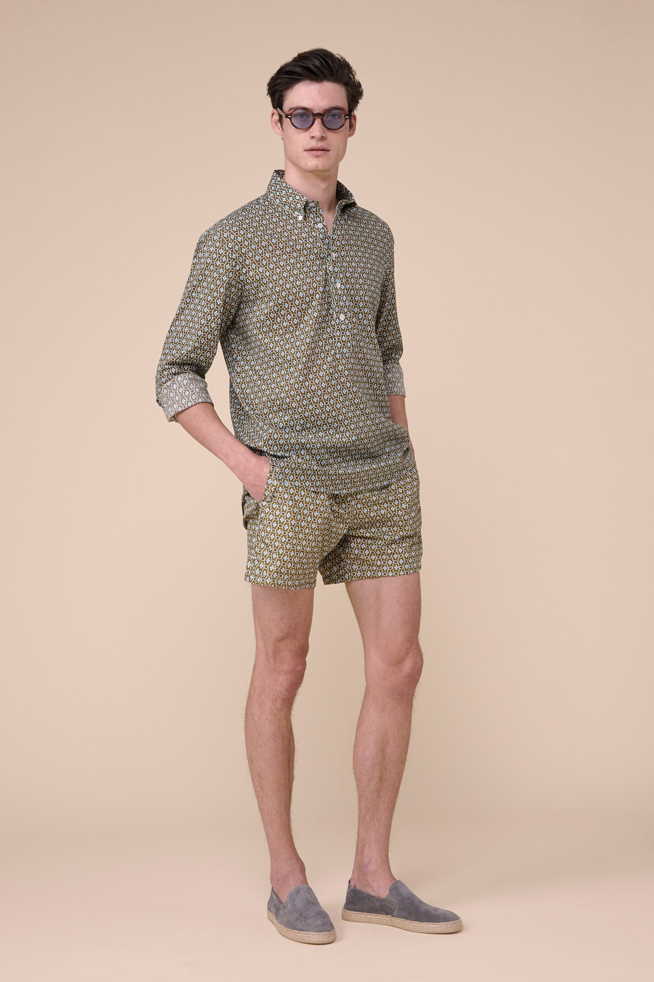 Marlon Cotton Voile Long Sleeve Polo Shirt - Diamond Pattern