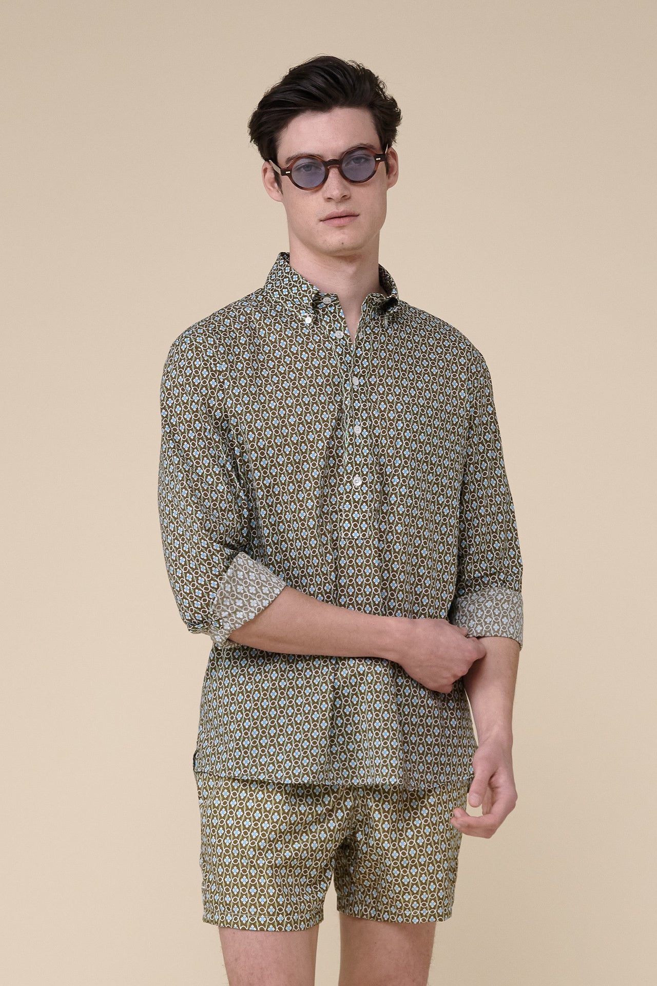 Marlon Long Sleeve Cotton Voile Polo Shirt - Vintage Pattern