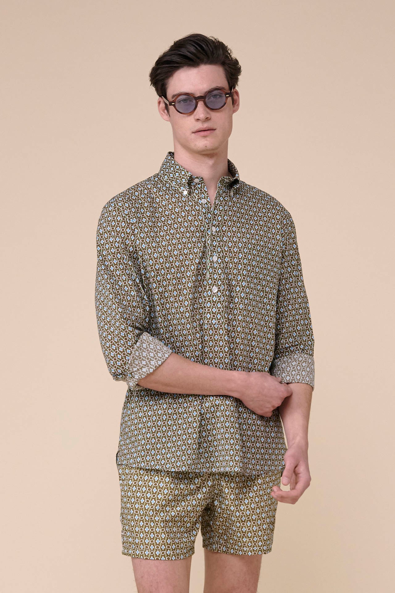 Marlon Cotton Voile Long Sleeve Polo Shirt - Diamond Pattern