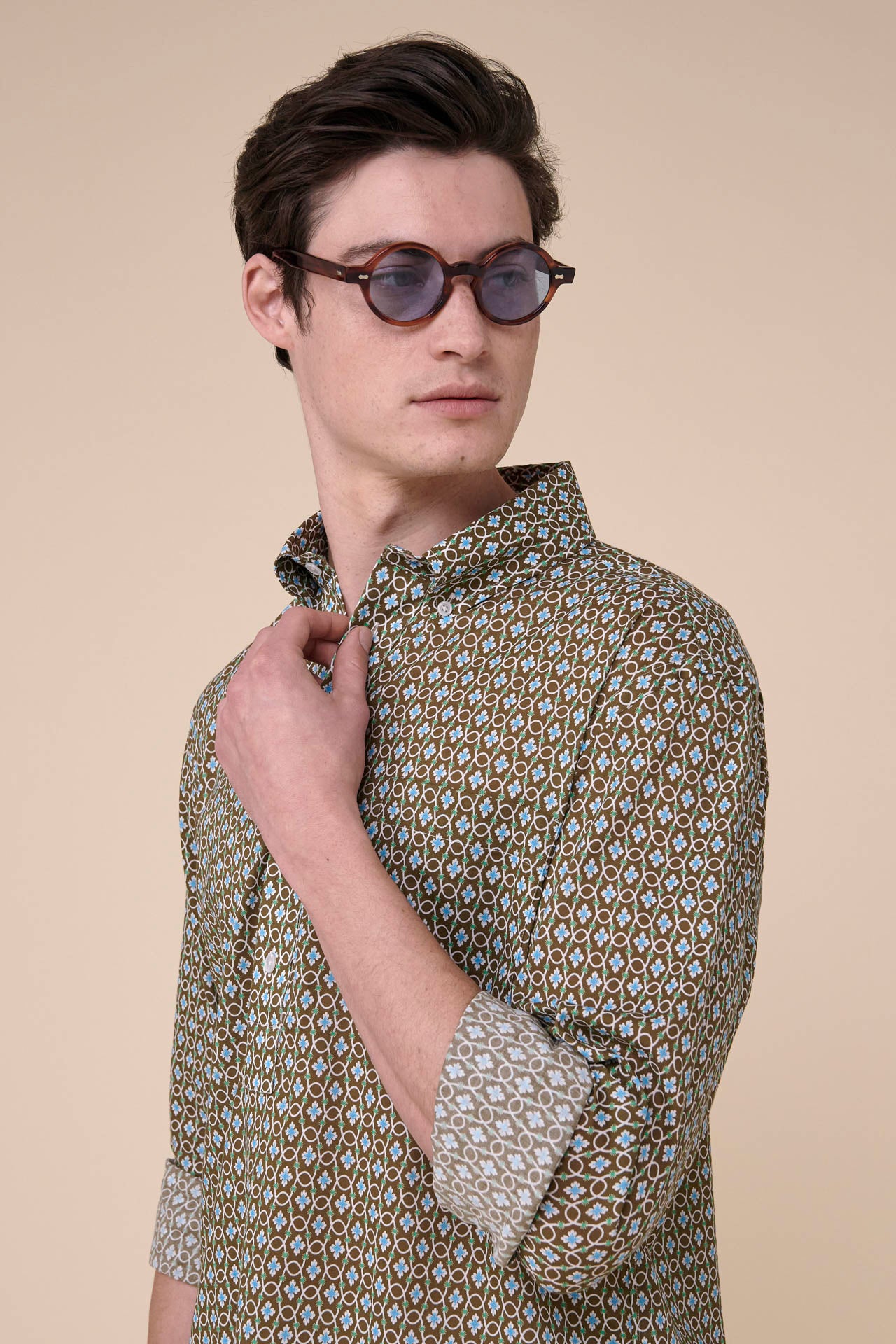 Marlon Cotton Voile Long Sleeve Polo Shirt - Diamond Pattern