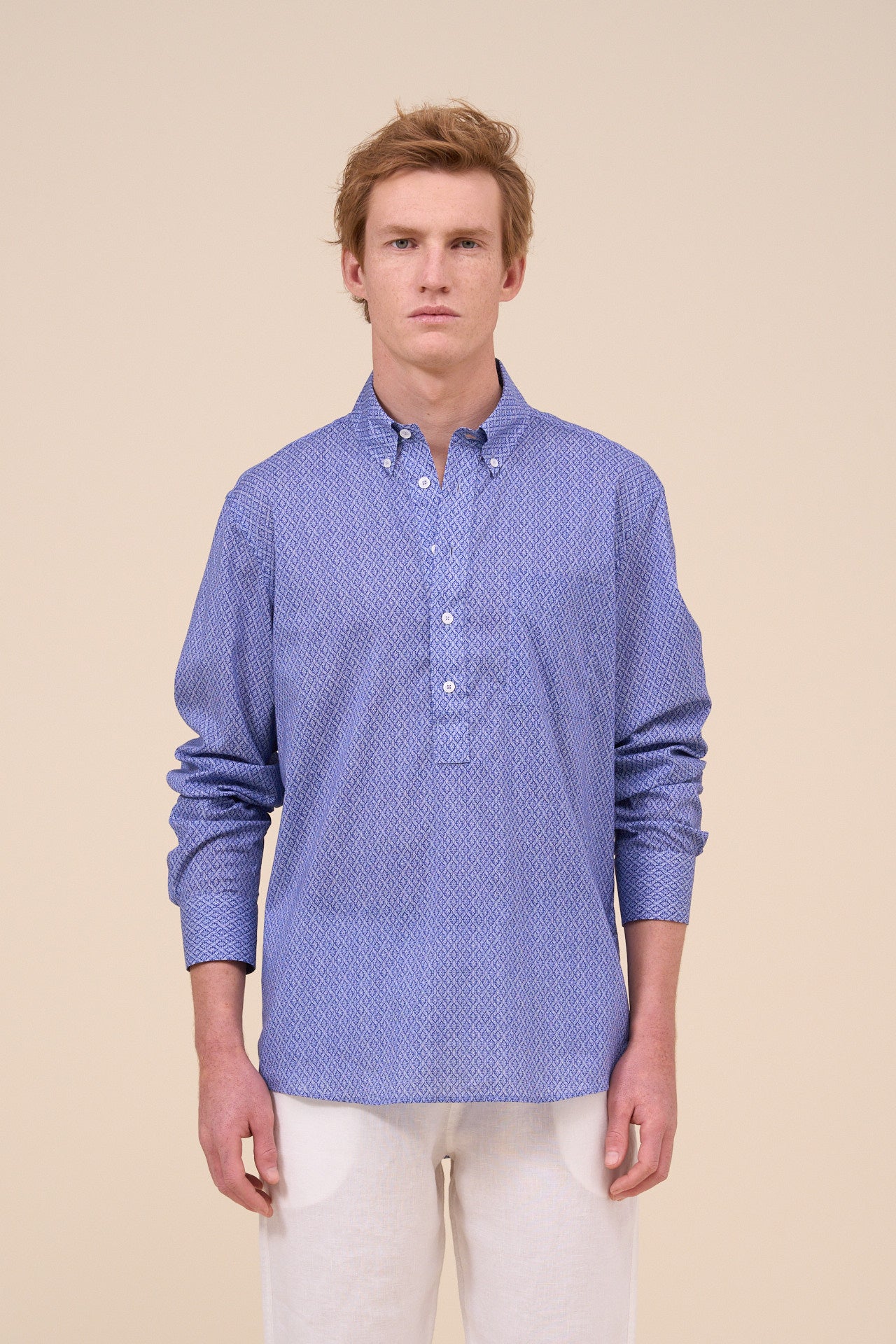 Marlon Printed Cotton Voile Half-buttoned Shirt - Geometric Tile Pattern