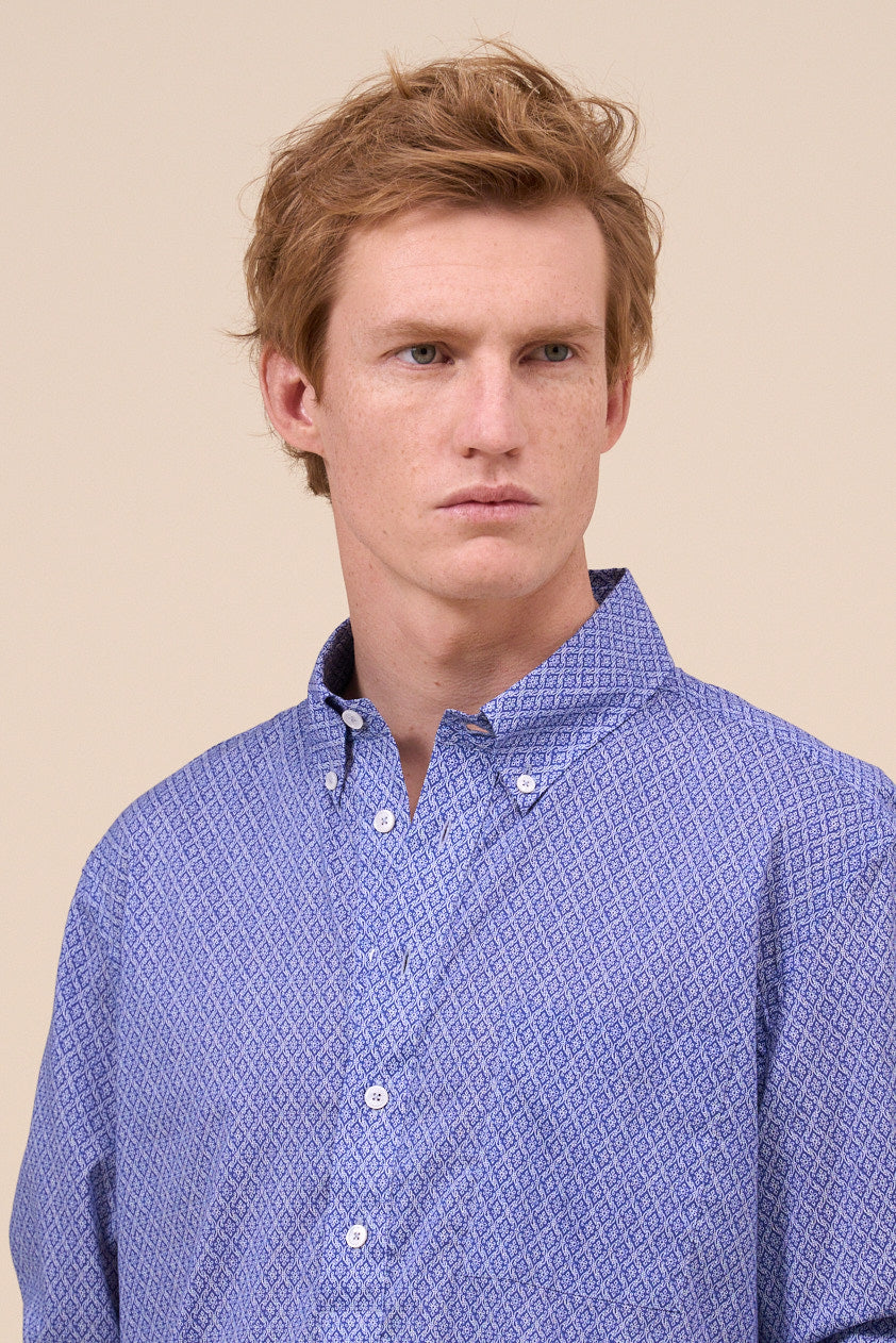 Marlon Printed Cotton Voile Half-buttoned Shirt - Geometric Tile Pattern